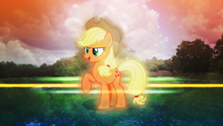 Size: 3840x2160 | Tagged: safe, artist:game-beatx14, artist:itv-canterlot, derpibooru import, edit, applejack, field, irl, photo, solo, wallpaper, wallpaper edit