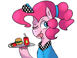 Size: 1280x960 | Tagged: safe, artist:universe-fairy, pinkie pie, earth pony, pony, alternate hairstyle, burger, food, french fries, hilarious in hindsight, juice, one eye closed, platter, server pinkie pie, simple background, solo, tongue out, waitress, white background, wink