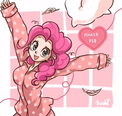 Size: 2048x1939 | Tagged: safe, artist:miku sky, pinkie pie, human, clothes, cute, diapinkes, feather, female, heart, humanized, open mouth, pajamas, pillow, solo