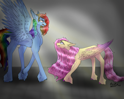 Size: 3937x3150 | Tagged: safe, artist:shimmer-fox, derpibooru import, fluttershy, rainbow dash, pegasus, pony, angry, crying, duo, female, folded wings, hooves, mare, size difference, spread wings, wings