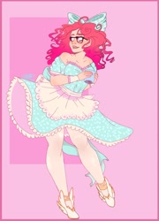 Size: 1280x1778 | Tagged: safe, artist:copshop, oc, human, bow, clothes, dress, glasses, hair bow, humanized, not pinkie pie, solo, stockings, thigh highs