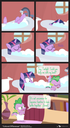 Size: 860x1570 | Tagged: safe, artist:dm29, derpibooru import, spike, twilight sparkle, dragon, annoyed, bath, bathtub, bubble, bubble bath, claw foot bathtub, comic, duo, eyes closed, frown, open mouth, smiling, steam, towel, wide eyes