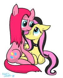 Size: 548x676 | Tagged: safe, artist:metallicumbrage, fluttershy, pinkie pie, earth pony, pegasus, pony, emoshy, female, flutterpie, hug, lesbian, mare, pinkamena diane pie, shipping