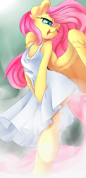Size: 2000x4100 | Tagged: safe, artist:madacon, fluttershy, pegasus, pony, semi-anthro, bedroom eyes, clothes, colored pupils, cute, dress, ear fluff, eyelashes, female, fluffy, marilyn monroe, one eye closed, open mouth, raised leg, shyabetes, smiling, solo, spread wings, the seven year itch, wind, wink