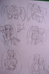 Size: 1536x2304 | Tagged: safe, artist:tinacrazy29, aria blaze, sonata dusk, equestria girls, rainbow rocks, arisona, bedroom eyes, blushing, carrying, clothes, female, hug, kiss on the cheek, kissing, lesbian, monochrome, shipping, sketch, tsundaria, tsundere