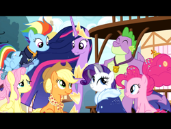 Size: 2048x1536 | Tagged: safe, derpibooru import, edit, edited screencap, screencap, applejack, fluttershy, pinkie pie, princess twilight 2.0, rainbow dash, rarity, spike, twilight sparkle, twilight sparkle (alicorn), alicorn, dragon, earth pony, pegasus, pony, unicorn, the last problem, clothes, crown, female, future, gigachad spike, horseshoes, jewelry, male, mane seven, mane six, mare, older, older spike, regalia, spoiler