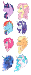 Size: 2977x7061 | Tagged: safe, artist:gigason, derpibooru import, applejack, fluttershy, pinkie pie, princess celestia, princess luna, rainbow dash, rarity, twilight sparkle, alicorn, earth pony, pegasus, pony, unicorn, alternate design, bust, chest fluff, curved horn, cute, cute little fangs, fangs, high res, horn, mane six, portrait, scar, simple background, transparent background