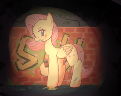 Size: 1831x1453 | Tagged: safe, artist:pillow9, fluttershy, pegasus, pony, folded wings, graffiti, grin, holding, looking at you, smiling, solo, spotlight, spray paint, standing, wall