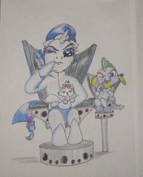 Size: 511x632 | Tagged: safe, artist:hillbe, opalescence, rarity, spike, cat, dragon, pony, unicorn, austin powers, chair, dr. evil, female, male, mini me, shipping, sparity, straight, traditional art