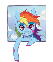 Size: 1700x2000 | Tagged: safe, artist:silbersternenlicht, derpibooru import, rainbow dash, pegasus, pony, bandaid, bust, cloud, colored hooves, cute, dashabetes, human shoulders, out of frame, simple background, sky, smiling, solo, transparent background