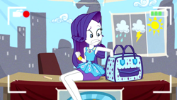 Size: 1280x720 | Tagged: safe, screencap, rarity, best trends forever, better together, equestria girls, bag, bracelet, cute, female, geode of shielding, handbag, jewelry, legs, marshmelodrama, panic, pencil skirt, raribetes, rarity being rarity, solo, video, video camera, worried