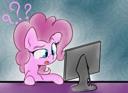 Size: 1024x740 | Tagged: safe, artist:alazak, pinkie pie, earth pony, pony, computer, confused, confused nick young, female, flatscreen, mare, monitor, open mouth, question mark, reaction image, simple background, solo