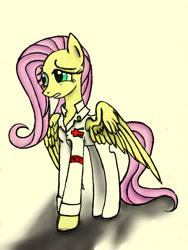 Size: 1944x2592 | Tagged: safe, artist:lth935, fluttershy, pegasus, pony, fallout equestria, clothes, looking away, ministry mares, ministry of peace, solo, spread wings, standing