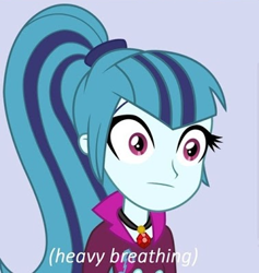 Size: 378x398 | Tagged: safe, sonata dusk, equestria girls, :, descriptive noise, disturbed, heavy breathing, i've seen some shit, meme, starenata, thousand yard stare