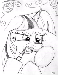 Size: 1786x2300 | Tagged: safe, artist:uminanimu, derpibooru import, twilight sparkle, confused, grayscale, lipstick, makeup, mirror, monochrome, solo