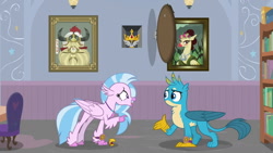 Size: 1280x720 | Tagged: safe, edit, edited screencap, screencap, gallus, silverstream, classical hippogriff, griffon, hippogriff, yak, a matter of principals, amulet, amulet of aurora, aurora (character), beak, beakless, bookshelf, bust, cartoon physics, chair, crown, crown of grover, duo, got your nose, helm of yickslur, helmet, implied king grover, jewelry, library, modular, no mouth, open beak, painting, portrait, regalia, school of friendship, story included, yickslur