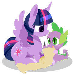 Size: 2028x2059 | Tagged: safe, artist:snow angel, derpibooru import, spike, twilight sparkle, twilight sparkle (alicorn), alicorn, dragon, pony, female, mare, pixiv, scroll, simple background, transparent background, watermark