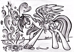 Size: 2488x1748 | Tagged: safe, artist:julunis14, derpibooru import, twilight sparkle, twilight sparkle (alicorn), alicorn, pony, female, mare, monochrome, solo