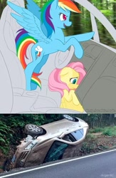 Size: 480x738 | Tagged: safe, artist:dstears, derpibooru import, edit, fluttershy, rainbow dash, pegasus, pony, bad end, bad idea, car accident, driving, this will end in death, this will end in tears, this will end in tears and/or death