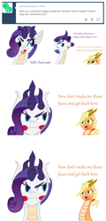 Size: 520x1083 | Tagged: safe, applejack, rarity, dracony, earth pony, pony, unicorn, ask hydra mane 6, blonde hair, dialogue, duo, duo female, female, females only, freckles, horn, mistake, open mouth, purple hair, text, tumblr