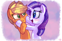 Size: 2000x1333 | Tagged: safe, artist:lightof-dawn, applejack, rarity, earth pony, pony, unicorn, blushing, cowboy hat, eye contact, female, freckles, hat, lesbian, looking at each other, mare, open mouth, rarijack, shipping, signature, smiling, stetson, style emulation, whitediamonds-ish