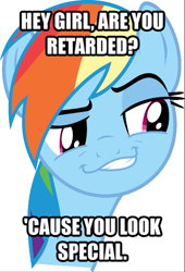 Size: 487x718 | Tagged: safe, derpibooru import, edit, edited screencap, screencap, rainbow dash, pegasus, pony, bad pickup line, caption, female, image macro, mare, meme, op is a cuck, solo, text