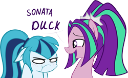 Size: 2163x1319 | Tagged: safe, artist:mishti14, aria blaze, sonata dusk, duck, dialogue, ponified, sonata duck, sonata dusk is not amused