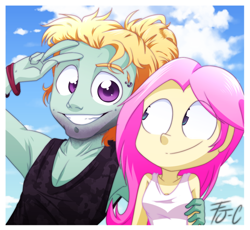 Size: 800x736 | Tagged: safe, artist:fj-c, fluttershy, zephyr breeze, equestria girls, brother and sister, clothes, equestria girls-ified, female, male, peace sign, siblings, tanktop