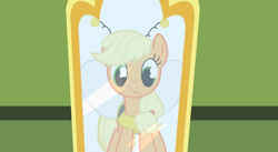 Size: 1280x700 | Tagged: safe, artist:slush pony productions, applejack, bee, earth pony, pony, clothes, costume, halloween, hatless, mirror, missing accessory, youtube link