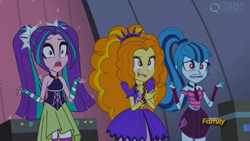 Size: 1366x768 | Tagged: safe, screencap, adagio dazzle, aria blaze, sonata dusk, equestria girls, rainbow rocks, bare shoulders, clothes, defeat, dress, satisfying frown, sleeveless, the dazzlings