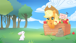 Size: 960x540 | Tagged: safe, artist:satrathai, derpibooru import, applejack, earth pony, pony, rabbit, apple, apple stand, cute, fancy mathematics, food, jackabetes, math, wallpaper