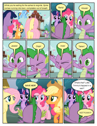 Size: 612x792 | Tagged: safe, artist:newbiespud, derpibooru import, edit, edited screencap, screencap, applejack, fluttershy, pinkie pie, rainbow dash, spike, twilight sparkle, unicorn twilight, dragon, earth pony, pegasus, pony, unicorn, comic:friendship is dragons, comic, dialogue, female, flying, freckles, hat, male, mare, screencap comic