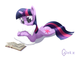 Size: 3000x2250 | Tagged: safe, artist:galekz, derpibooru import, twilight sparkle, book, glasses, hug, pillow, prone, reading, simple background, solo