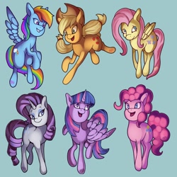 Size: 1024x1024 | Tagged: safe, artist:kenisu-of-dragons, derpibooru import, applejack, fluttershy, pinkie pie, rainbow dash, rarity, twilight sparkle, twilight sparkle (alicorn), alicorn, earth pony, pegasus, pony, unicorn, folded wings, happy, hooves, mane six, simple background, smiling, spread wings, wings