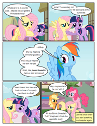 Size: 612x792 | Tagged: safe, artist:newbiespud, derpibooru import, edit, edited screencap, screencap, applejack, fluttershy, pinkie pie, rainbow dash, twilight sparkle, unicorn twilight, earth pony, pegasus, pony, unicorn, comic:friendship is dragons, angry, comic, dialogue, female, freckles, hat, mare, screencap comic