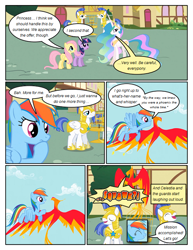 Size: 612x792 | Tagged: safe, artist:newbiespud, derpibooru import, edit, edited screencap, screencap, fluttershy, philomena, princess celestia, rainbow dash, twilight sparkle, unicorn twilight, alicorn, earth pony, pegasus, phoenix, pony, unicorn, comic:friendship is dragons, a bird in the hoof, annoyed, armor, big crown thingy, bird cage, comic, dialogue, exclamation point, eyes closed, female, flying, hoof on chin, hoof shoes, hooves, horn, interrobang, jewelry, laughing, male, mare, open mouth, peytral, question mark, regalia, royal guard, royal guard armor, screencap comic, stallion, wings