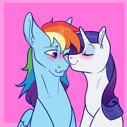 Size: 1000x1000 | Tagged: safe, artist:malphym, derpibooru import, rainbow dash, rarity, pegasus, pony, unicorn, blushing, duo, female, folded wings, kiss on the cheek, kissing, lesbian, mare, raridash, shipping, simple background, wings