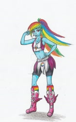 Size: 1280x2051 | Tagged: safe, artist:enferphenix, derpibooru import, rainbow dash, equestria girls, boxing boots, boxing shoes, boxing skirt, clothes, compression shorts, cycling shorts, exeron fighters, exeron outfit, ponytail, rainbow socks, skirt, socks, solo, sports bra, striped socks, traditional art