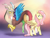 Size: 1023x783 | Tagged: safe, artist:slasharu, discord, fluttershy, pegasus, pony, duo, flying, frown, looking at each other, raised hoof