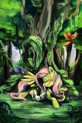 Size: 1024x1536 | Tagged: safe, artist:purplelemons, angel bunny, fluttershy, bird, pegasus, pony, blushing, cute, eyes closed, forest, shyabetes, tree, under the tree