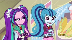 Size: 1280x718 | Tagged: safe, screencap, aria blaze, sonata dusk, equestria girls, rainbow rocks, discovery family, discovery family logo