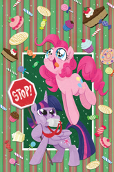 Size: 825x1252 | Tagged: safe, artist:brendahickey, derpibooru import, idw, pinkie pie, twilight sparkle, twilight sparkle (alicorn), alicorn, earth pony, pony, spoiler:comic, spoiler:ff12, baked goods, blowing, candy, chubby cheeks, cover, female, idw advertisement, mare, puffy cheeks, stop sign, whistle