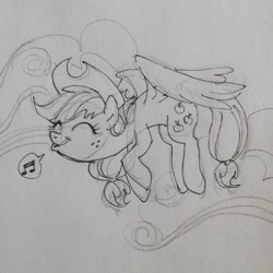 Size: 800x800 | Tagged: safe, artist:sketchyjackie, applejack, pegasus, pony, flapplejack, flying, monochrome, race swap, singing, solo, traditional art