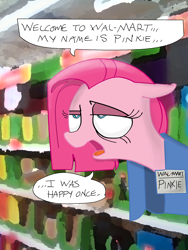 Size: 1440x1920 | Tagged: safe, artist:andypriceart, artist:plmbare, pinkie pie, earth pony, pony, colored, dead inside, depressed, pinkamena diane pie, solo, wal-mart, walmart