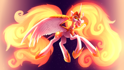 Size: 3840x2160 | Tagged: safe, artist:aegann, derpibooru import, daybreaker, alicorn, pony, a royal problem, dawn, flying, solo, twilight (astronomy), wallpaper