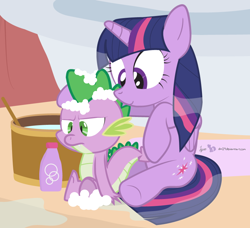 Size: 828x756 | Tagged: safe, artist:dm29, derpibooru import, spike, twilight sparkle, twilight sparkle (alicorn), alicorn, dragon, pony, annoyed, bath, bubble, duo, female, forced bathing, frown, mama twilight, mare, mothers gonna mother, scrubbing, shower, sitting, smiling, spike is not amused, steam, wet mane