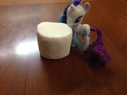 Size: 3264x2448 | Tagged: safe, rarity, brushable, cannibalism, food, irl, marshmallow, photo, rarity is a marshmallow, toy