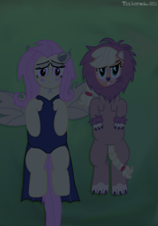 Size: 2432x3476 | Tagged: safe, artist:techarmsbu, applejack, fluttershy, bat pony, pony, scare master, applelion, blushing, clothes, costume, flutterbat, flutterbat costume, nightmare night, nightmare night costume, on back