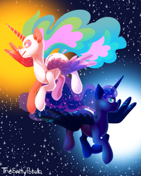 Size: 747x930 | Tagged: safe, artist:thesaltypotato, princess celestia, princess luna, alicorn, pony, duo, female, mare, royal sisters, stars, the cosmos