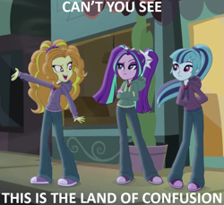 Size: 787x720 | Tagged: safe, screencap, adagio dazzle, aria blaze, sonata dusk, equestria girls, rainbow rocks, clothes, diner, genesis, hoodie, land of confusion, lyrics, music, song reference, the dazzlings